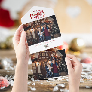 レッド メリークリスマス カリグラフィー タイポグラフィー 写真 オールインワン招待状