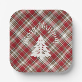 レッド、モカ&クリームプレイド – メリークリスマス+ツリー ペーパープレート