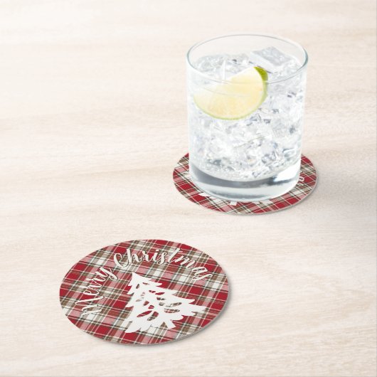 レッド、モカ&クリームプレイド – メリークリスマス+ツリー ラウンドペーパーコースター (インサイチュ)