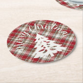 レッド、モカ&クリームプレイド – メリークリスマス+ツリー ラウンドペーパーコースター (アングル)