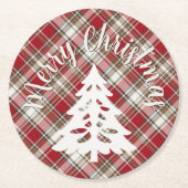 レッド、モカ&クリームプレイド – メリークリスマス+ツリー ラウンドペーパーコースター (正面)
