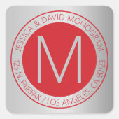 レッド&モダンシルバーフェイク差出人住所ラベル スクエアシール (正面)