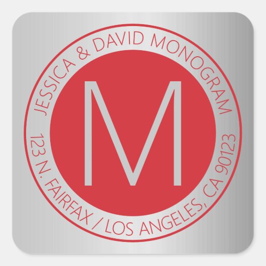 レッド&モダンシルバーフェイク差出人住所ラベル スクエアシール (正面)