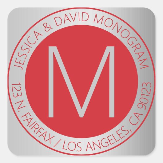 レッド&モダンシルバーフェイク差出人住所ラベル スクエアシール (正面)