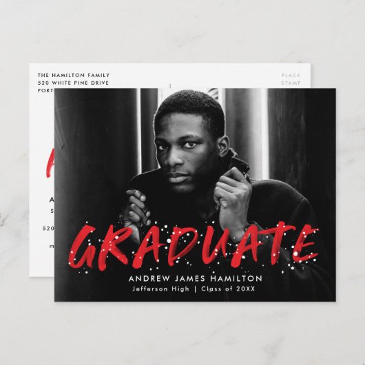 レッド | モダン （ばちゃばちゃ）跳ねる写真卒業パーティー インビテーションポストカード (正面/裏面)