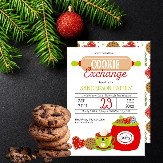 レッド |ライムふりかけホリデーCookie交換パーティー 招待状