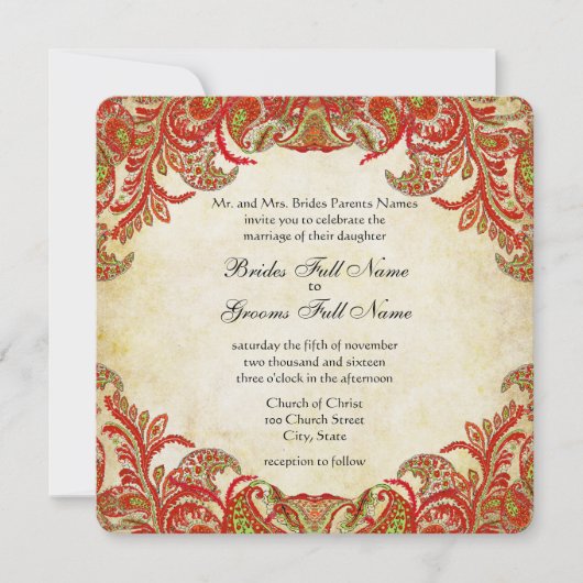レッド、ライム&オレンジヴィンテージペイズリーダマスクウェディング 招待状 (正面)