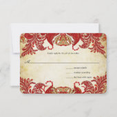 レッド、ライム&オレンジヴィンテージペイズリーピーコックRSVP 出欠カード (正面)