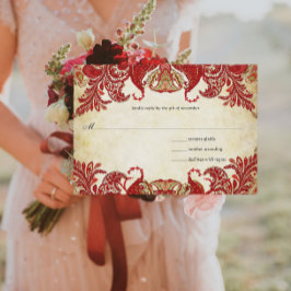 レッド、ライム&オレンジヴィンテージペイズリーピーコックRSVP 出欠カード