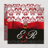 レッド リボン ルビー ホワイト ブラック ダマスク モノグラム 招待状 (正面/裏面)