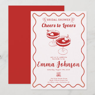 レッド レトロ ブライダル シャワー 招待状 | 手描きイラスト