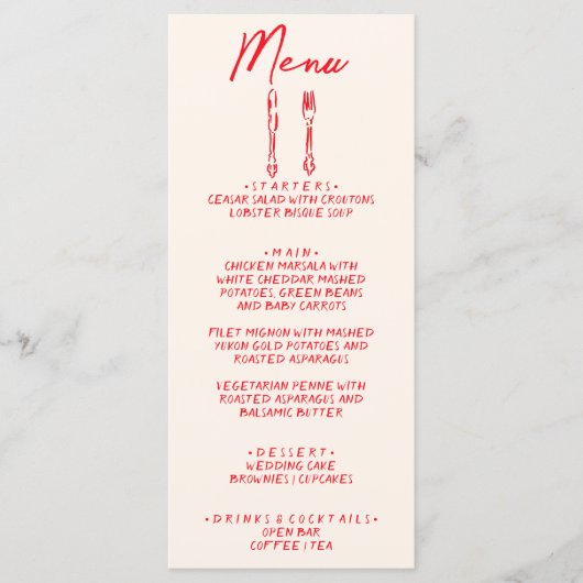 レッド レトロ 手描き ユニーク おしゃれな結婚式 メニュー (正面)