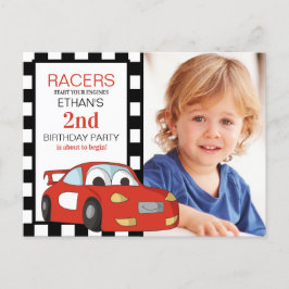 レッド+レース+カー ブラック+ホワイト+市松模様 2歳の誕生日 ポストカード