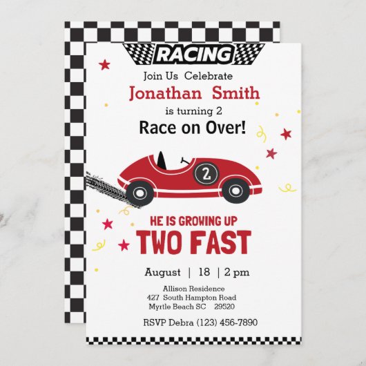 レッド レース カー 2歳の誕生日パーティーへの招待状 招待状 (正面/裏面)