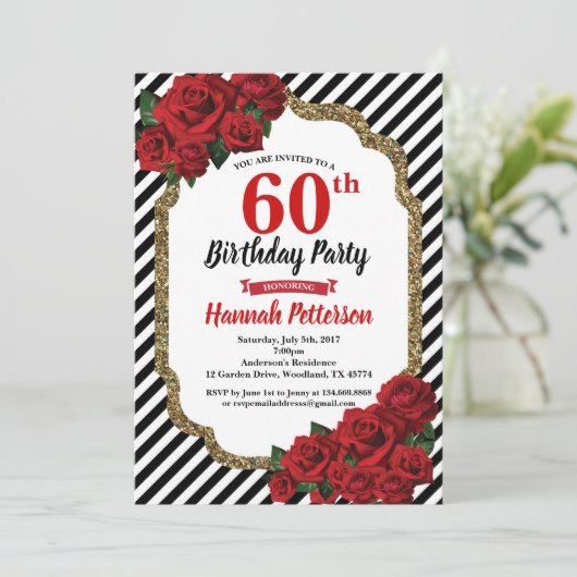 レッド·ローズ60歳の誕生日パーティーの招待女性 招待状 (スタンド正面)