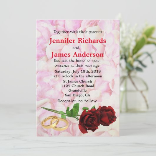 レッド·ローズ&ズ·結婚リングや輪結婚式招待状 招待状 (スタンド正面)