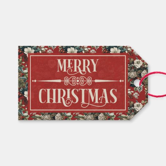レッド 伝統的なクリスマスの花と松ぼっくり ギフトタグ (正面(横))