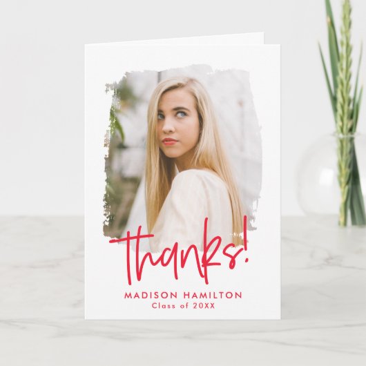 レッド |写真名門私立校風のの卒業のスクリプト サンキューカード (正面)