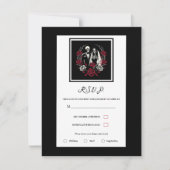 レッド&白黒バラスケルトンウェディングRSVP 招待状 (正面)