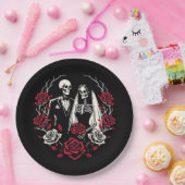 レッド&白黒バラスケルトンカップル結婚ズ ペーパープレート (パーティー)