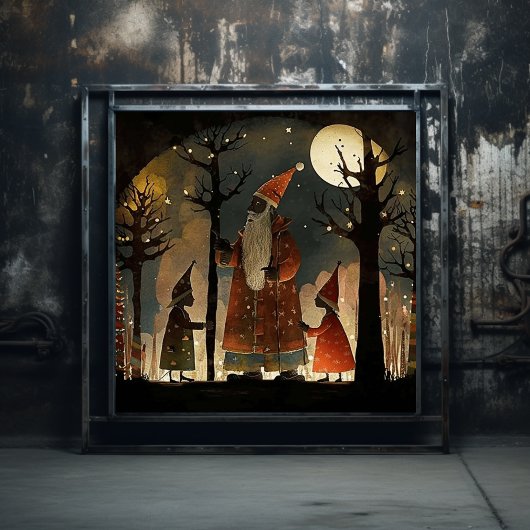 レッド&芸術的グリーンウッドランドブラックサンタ ポスター