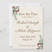 レッド&金ゴールドインディアンカップルイラストレーション セーブザデート (裏面)