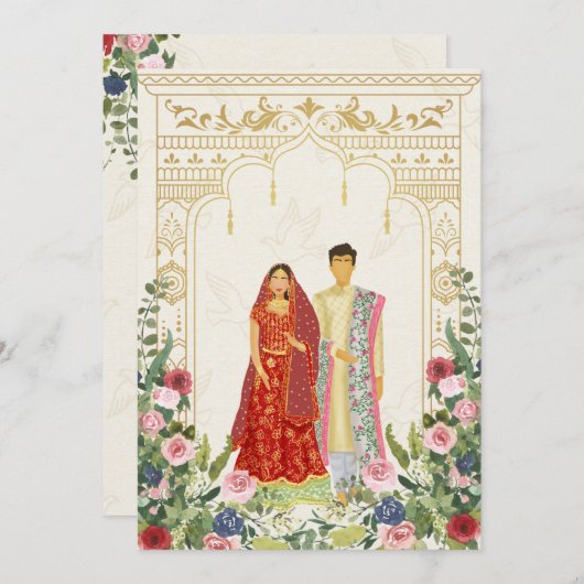 レッド&金ゴールドインディアンカップル結婚式招待状 セーブザデート (正面/裏面)