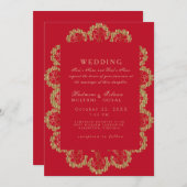 レッド&金ゴールドインディアンスタイルモノグラム結婚ズ 招待状 (正面/裏面)