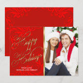 レッド・金ゴールドエレガント・ダマスク・クリスマス・フォトカード シーズンカード (正面/裏面)