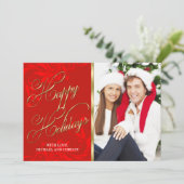 レッド・金ゴールドエレガント・ダマスク・クリスマス・フォトカード シーズンカード (スタンド正面)