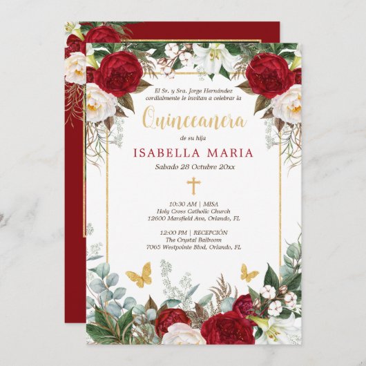 レッド&金ゴールドキンセアニェラ招待状インスペインの 招待状 (正面/裏面)