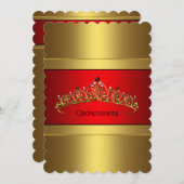 レッド&金ゴールドキンセアニェラ金ゴールドティアラ誕生日 招待状 (正面/裏面)