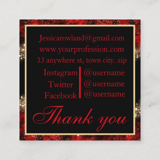 レッド&金ゴールドクリスマスきらめくカスタムモノグラム スクエア名刺 (裏面)