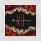 レッド&金ゴールドクリスマスきらめくカスタムモノグラム スクエア名刺 (正面)
