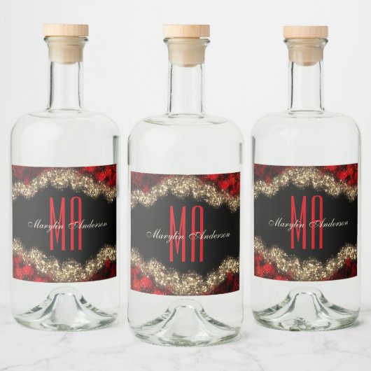 レッド&金ゴールドクリスマスきらめくカスタムモノグラム リキュールボトルラベル (ボトル)