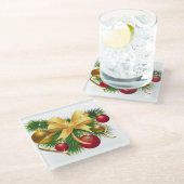 レッド&金ゴールドクリスマスオーナメント&金ゴールドボウ ガラスコースター (アングル)