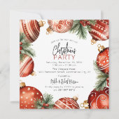レッド&金ゴールドクリスマスツリーオーナメントパーティー 招待状 (正面)