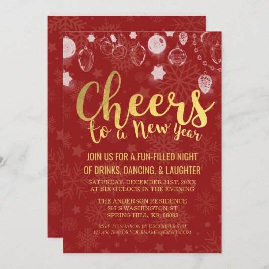 レッド&金ゴールドクリスマス/応援大晦日パーティー 招待状 (正面/裏面)