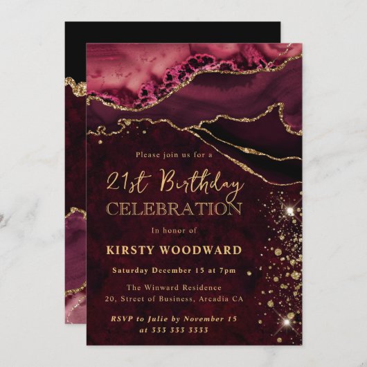 レッド&金ゴールドグリッターアゲート誕生日 招待状 (正面/裏面)