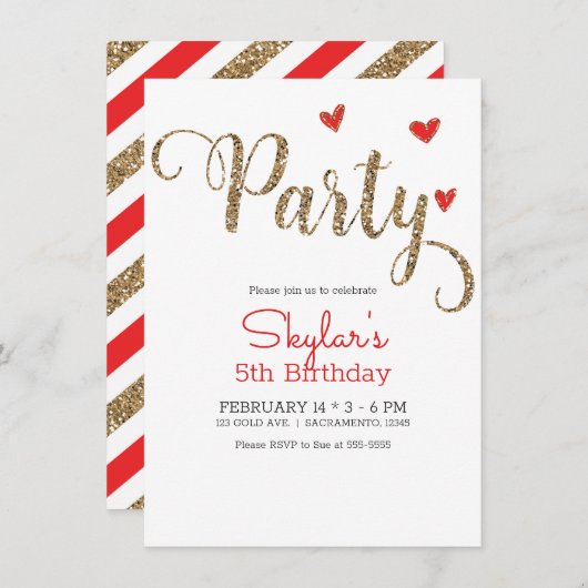 レッド&金ゴールドグリッターハートバレンタインデーパーティー 招待状 (正面/裏面)