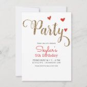 レッド&金ゴールドグリッターハートバレンタインデーパーティー 招待状 (正面)