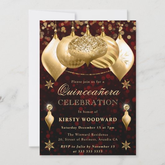 レッド&金ゴールドグリッターバウブルキンセアニェラ 招待状 (正面)