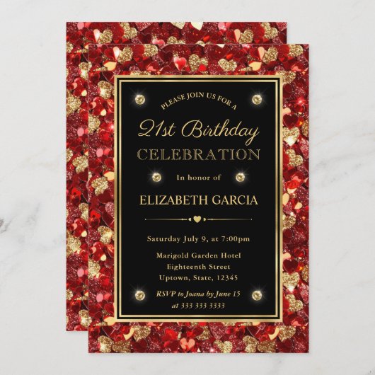 レッド&金ゴールドグリッターバレンタインハート21st誕生日 招待状 (正面/裏面)