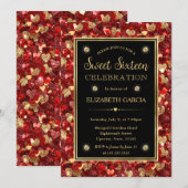 レッド&金ゴールドグリッターバレンタインハートSweet sixteen 招待状 (正面/裏面)