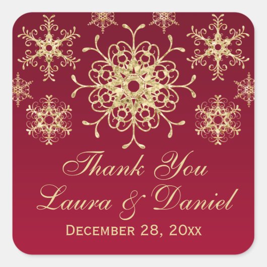 レッド、金ゴールドグリッタールックスノーフレーク結婚のステッカー スクエアシール (正面)
