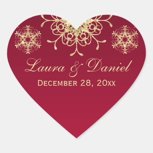 レッド、金ゴールドグリッタールックスノーフレーク結婚のステッカー ハートシール (正面)