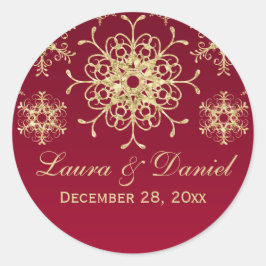 レッド、金ゴールドグリッタールックスノーフレーク結婚のステッカー ラウンドシール
