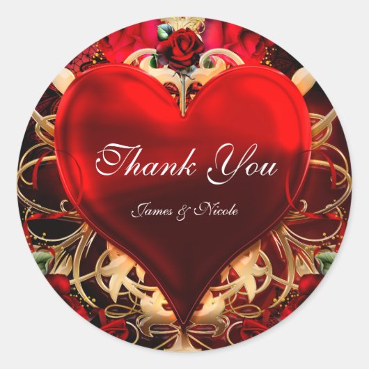 レッド&金ゴールドゴシックラブハート結婚式の引き出物 ラウンドシール (正面)