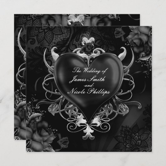 レッド&金ゴールドゴシックラブロマンスハート結婚ズ 招待状 (正面/裏面)