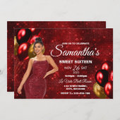 レッド&金ゴールドスイート16ガール誕生日招待状 招待状 (正面/裏面)